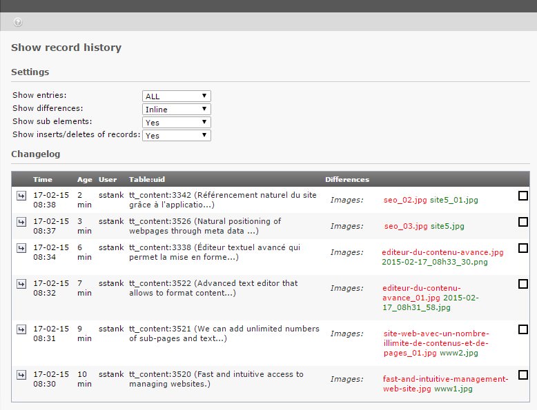 Historique des modifications des différentes pages d'un site web