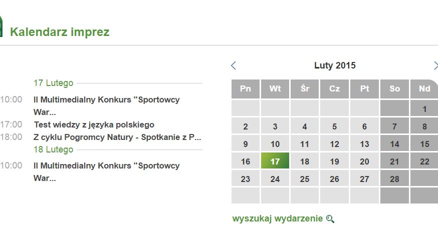 Kalendarz wydarzeń na stronie internetowej z opisami, zdjęciami oraz z wyszukiwarką wydarzeń