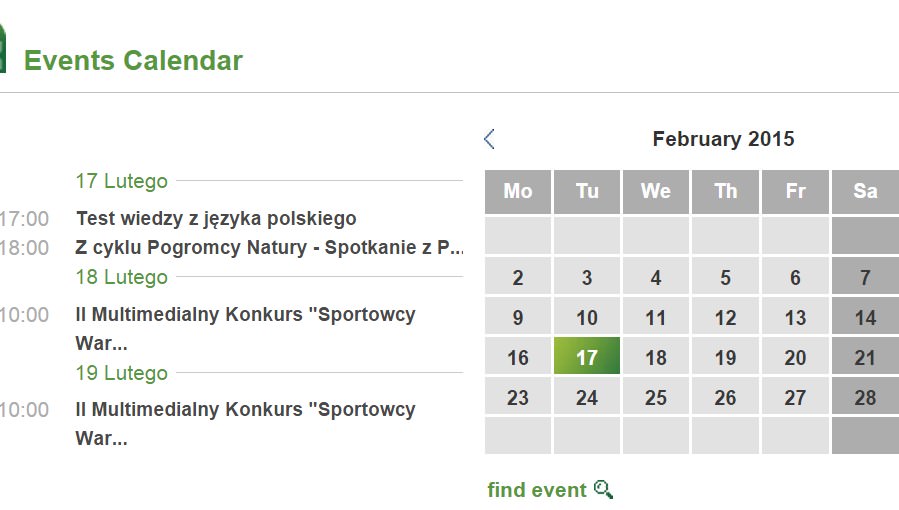 Calendar of events on the webpage with text, photos and a search function for events