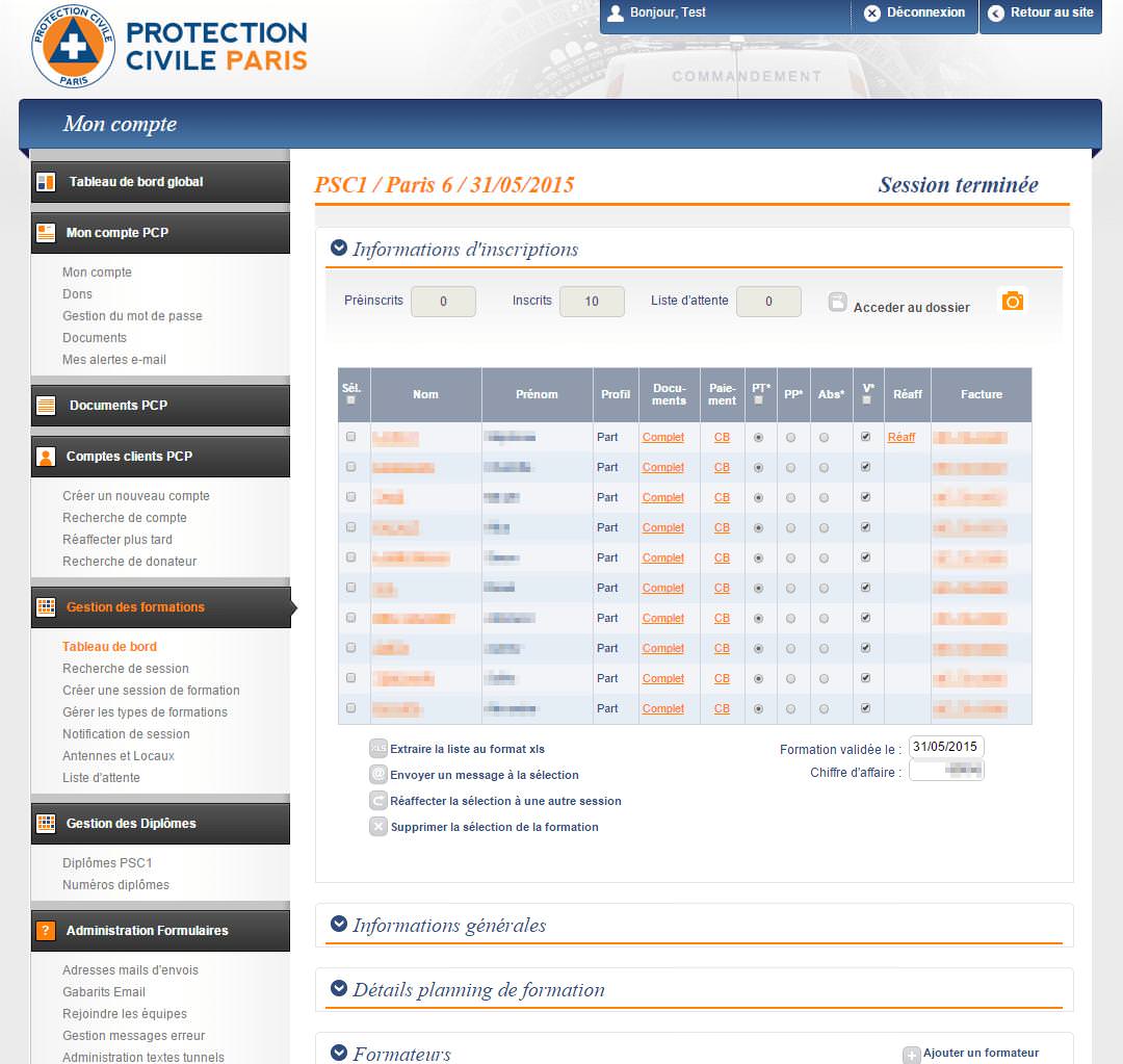 System obsługi szkoleń Obrony Cywilnej Paryża - administracja